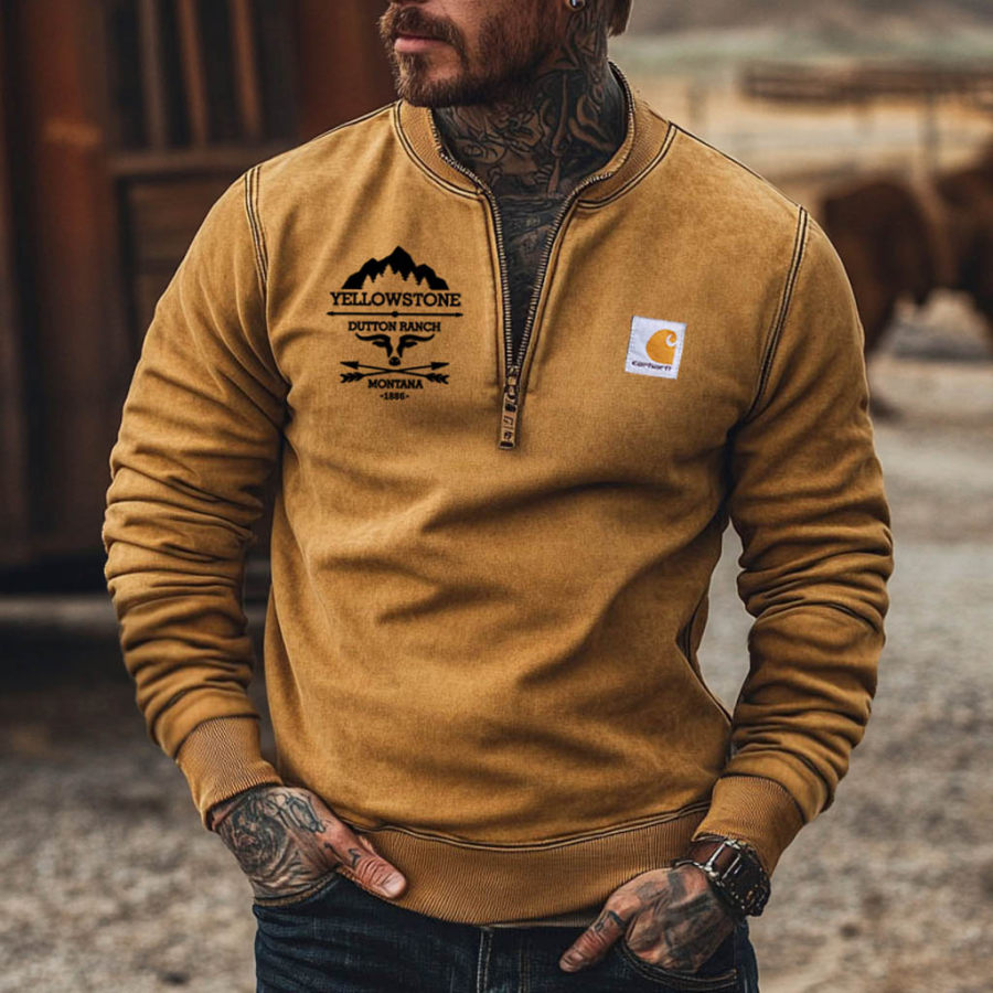 

Men's Vintage Yellowstone Western Cowboy Henley Collar Zipper Long Sleeve Sweatshirt