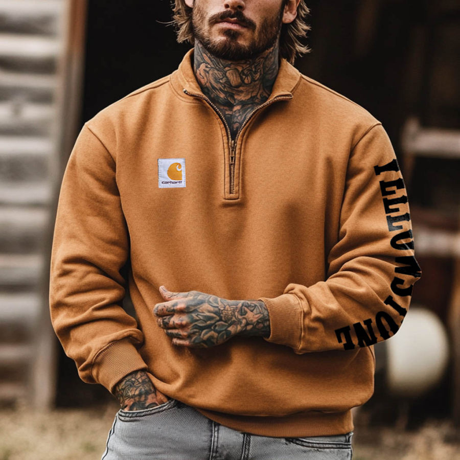 

Men's Vintage Yellowstone Western Cowboy Quarter-Zip Stand Collar Long Sleeve Sweatshirt