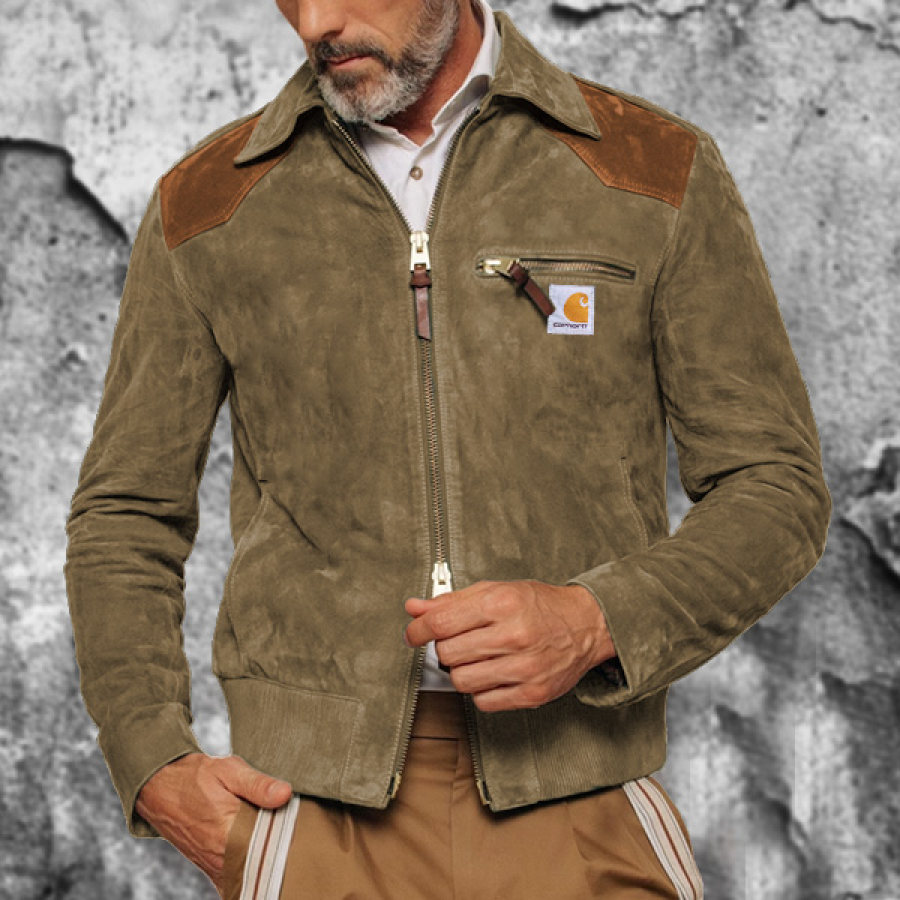 

Men's Vintage Suede Zip Chest Pocket Color Block Lapel Collar Outdoor Jacket