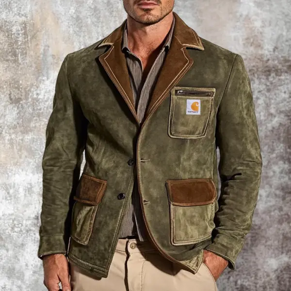 Men's Vintage Suede Multi-Pocket Color Block Reversal Collar Outdoor Jacket - Dozenlive.com 