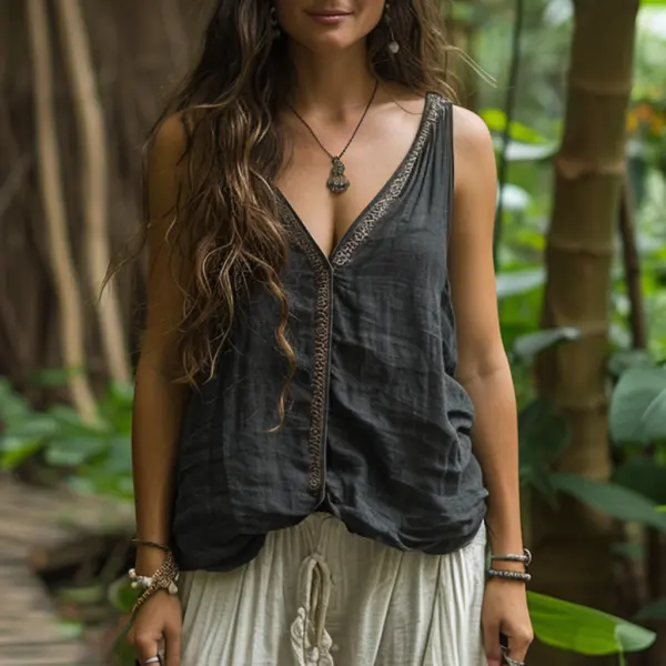 Simple V-neck Sleeveless Shirt, Comfortable And Breathable Linen Top - Anurvogel.com 