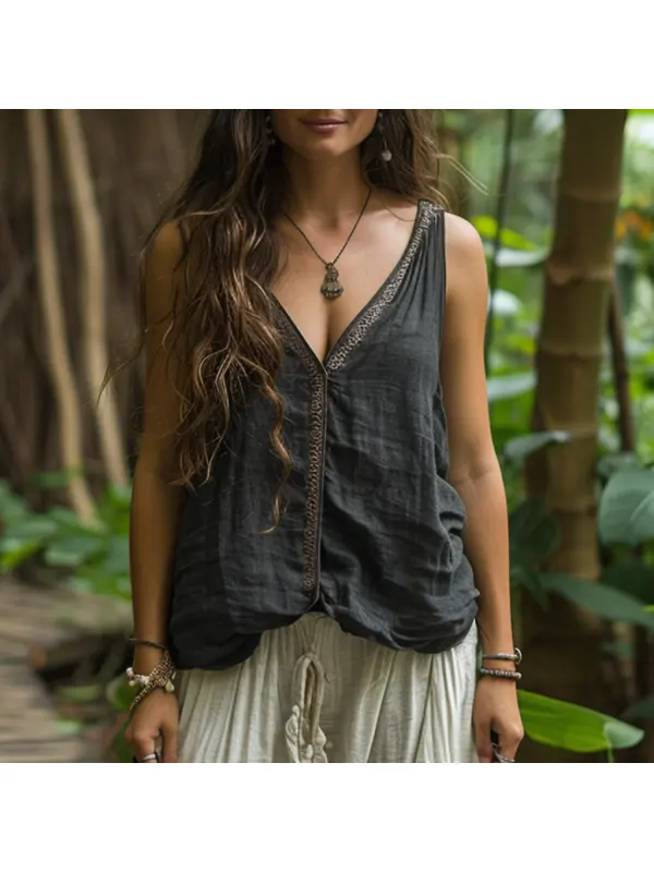 Simple V-neck Sleeveless Shirt, Comfortable And Breathable Linen Top - Aptkoi.com 