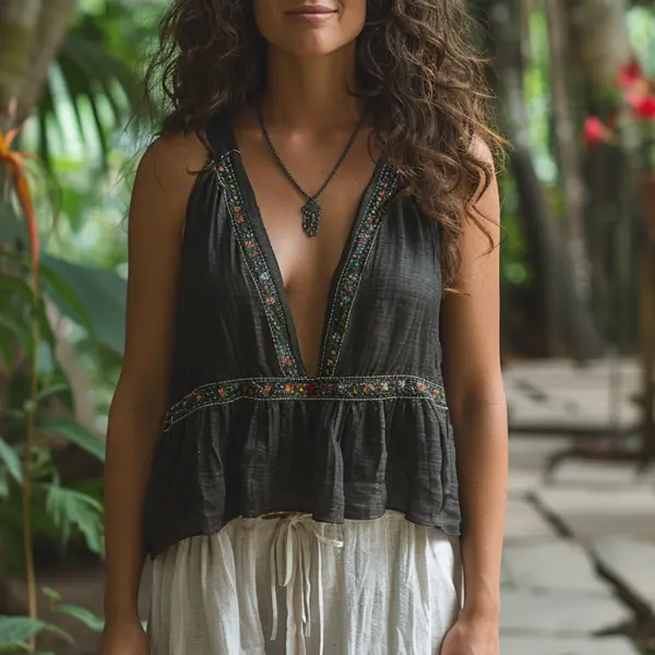 Simple V-neck Sleeveless Shirt, Comfortable And Breathable Linen Top - Trisunshine.com 