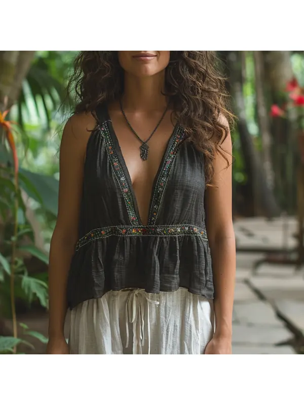 Simple V-neck Sleeveless Shirt, Comfortable And Breathable Linen Top - Aptkoi.com 