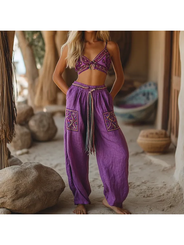 Bohemian Linen Casual Top And Pants Two-Piece Set - Realyiyi.com 