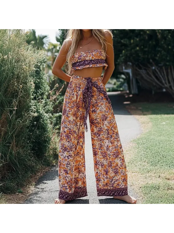 Bohemian Style Floral Casual Vacation Two-piece Suit - Realyiyi.com 