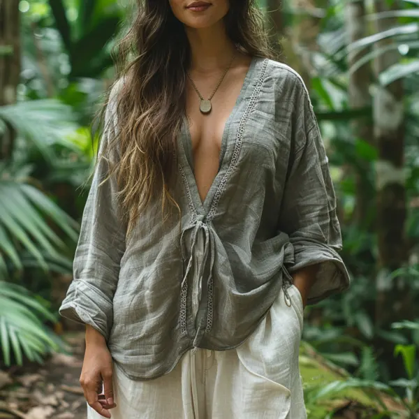 Simple V-neck Long-sleeved Linen Shirt, Comfortable, Lazy And Breathable Linen Top - Trisunshine.com 