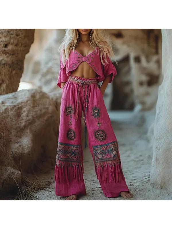 Bohemian Linen Casual Top And Pants Two-Piece Set - Realyiyi.com 