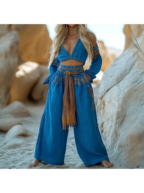 Bohemian Linen Casual Top And Pants Two-Piece Set - Realyiyi.com 