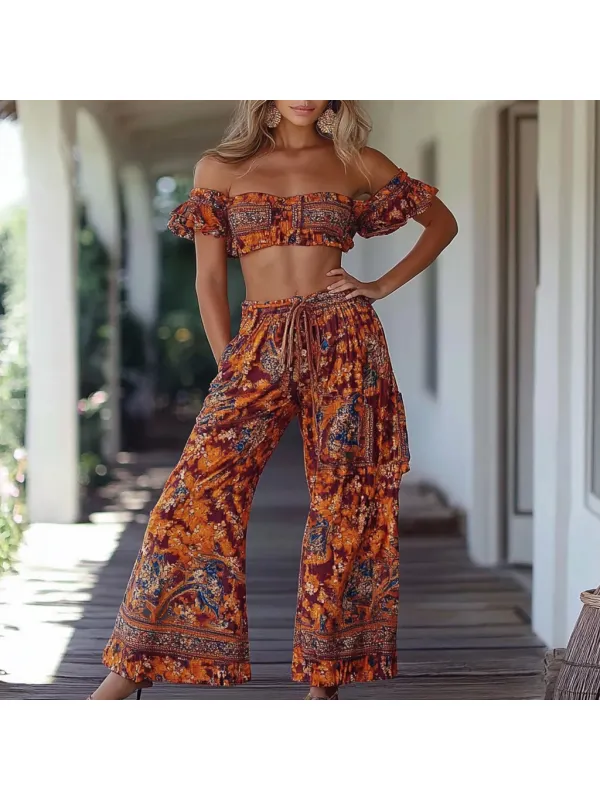 Bohemian Style Floral Casual Vacation Two-piece Suit - Cominbuy.com 