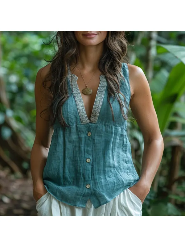 Simple V-neck Sleeveless Shirt, Comfortable And Breathable Linen Top - Aptkoi.com 