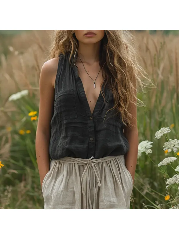Simple V-neck Sleeveless Shirt, Comfortable And Breathable Linen Top - Aptkoi.com 