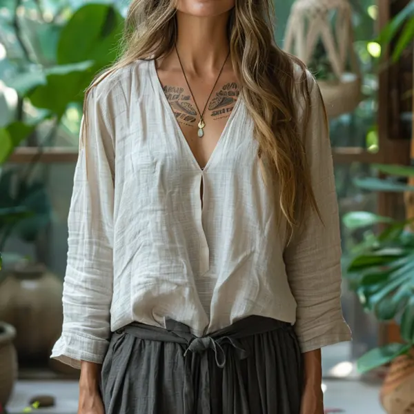 Simple V-neck Long-sleeved Linen Shirt, Comfortable, Lazy And Breathable Linen Top - Anurvogel.com 