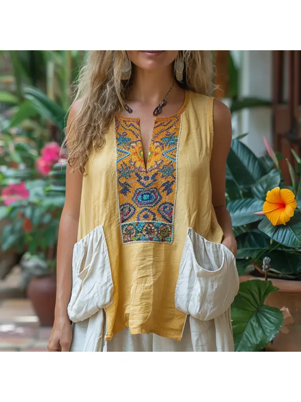 Ethnic Style V-neck Linen Vest. Comfortable And Breathable Linen Top. - Viewbena.com 