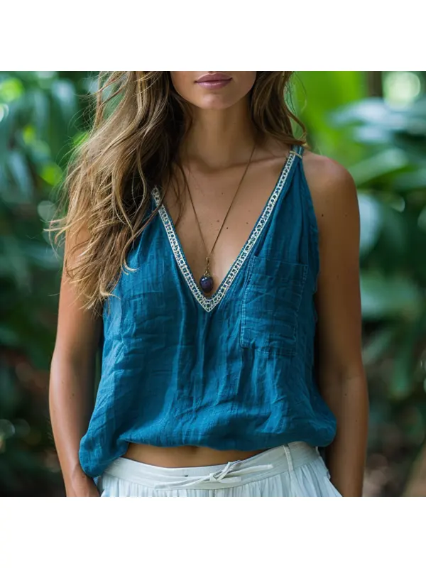 Simple V-neck Linen Vest, Comfortable And Breathable Linen Top - Realyiyishop.com 