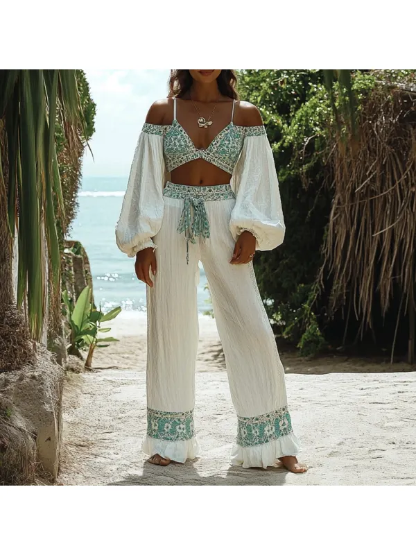 Bohemian Style Contrast Color Stitching Leisure Vacation Two-piece Suit - Realyiyi.com 