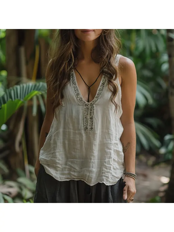 Simple V-neck Sleeveless Shirt, Comfortable And Breathable Linen Top - Aptkoi.com 