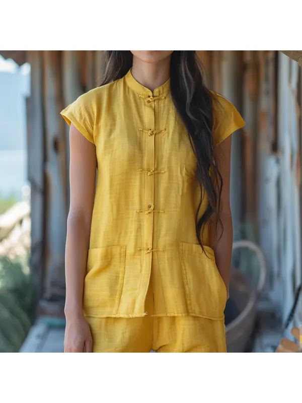 Retro Casual Linen Sleeveless Stand Collar Shirt T-shirt Chinese Style Sleeveless Shirt - Aptkoi.com 
