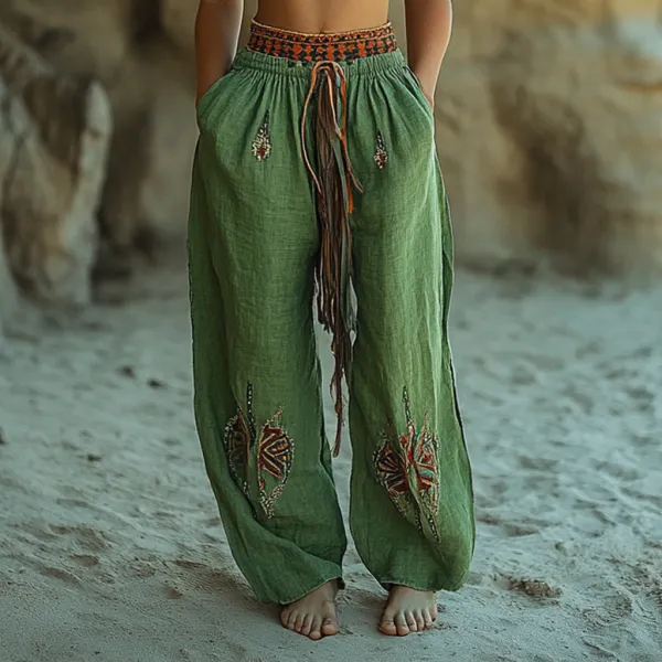 Bohemian Casual Resort Style Linen Loose Trousers - Yiyistories.com 