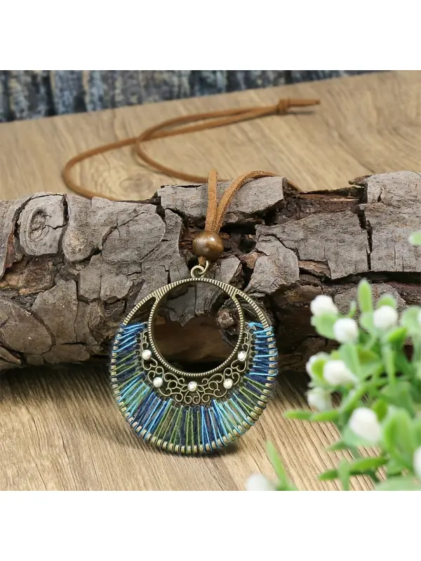 Women's Bohemian Woven Mixed Color Large Circle Pendant Necklace - Viewbena.com 