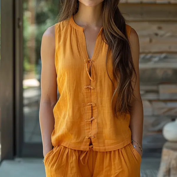 Retro Casual Linen Sleeveless Stand Collar Shirt T-shirt Chinese Style Sleeveless Shirt - Yiyistories.com 