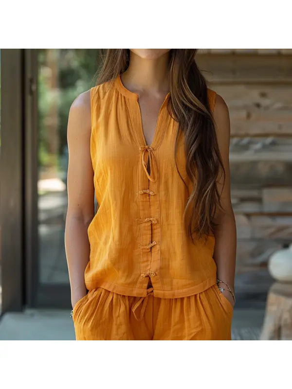 Retro Casual Linen Sleeveless Stand Collar Shirt T-shirt Chinese Style Sleeveless Shirt - Aptkoi.com 