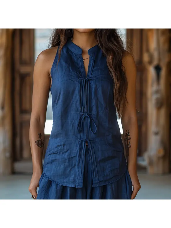 Retro Casual Linen Sleeveless Stand Collar Shirt T-shirt Chinese Style Sleeveless Shirt - Aptkoi.com 