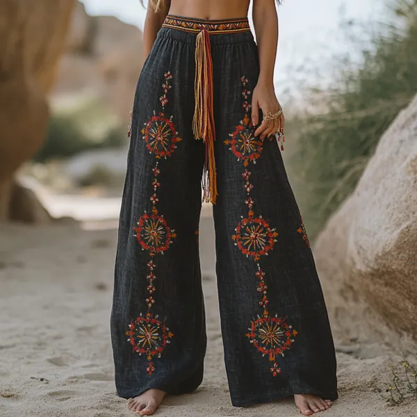 Bohemian Casual Holiday Style Linen Long Loose Wide-leg Pants - Wayrates.com 