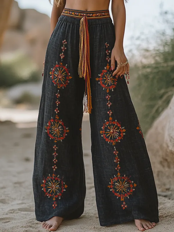 Bohemian Casual Holiday Style Linen Long Loose Wide-leg Pants - Menbarn.com 