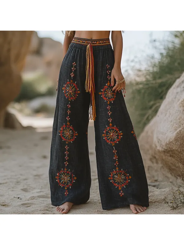 Bohemian Casual Holiday Style Linen Long Loose Wide-leg Pants - Realyiyi.com 