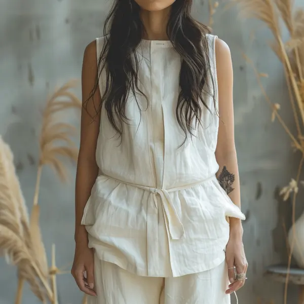 Retro Casual Linen Sleeveless Stand Collar Shirt T-shirt Chinese Style Sleeveless Shirt - Yiyistories.com 