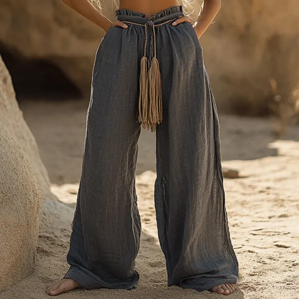 Bohemian Casual Holiday Style Linen Long Loose Wide-leg Pants - Spiretime.com 