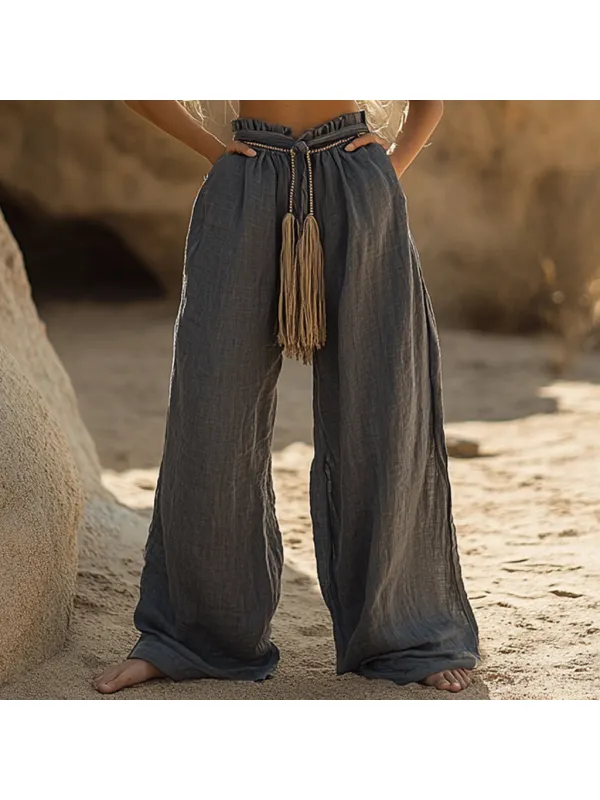 Bohemian Casual Holiday Style Linen Long Loose Wide-leg Pants - Viewbena.com 