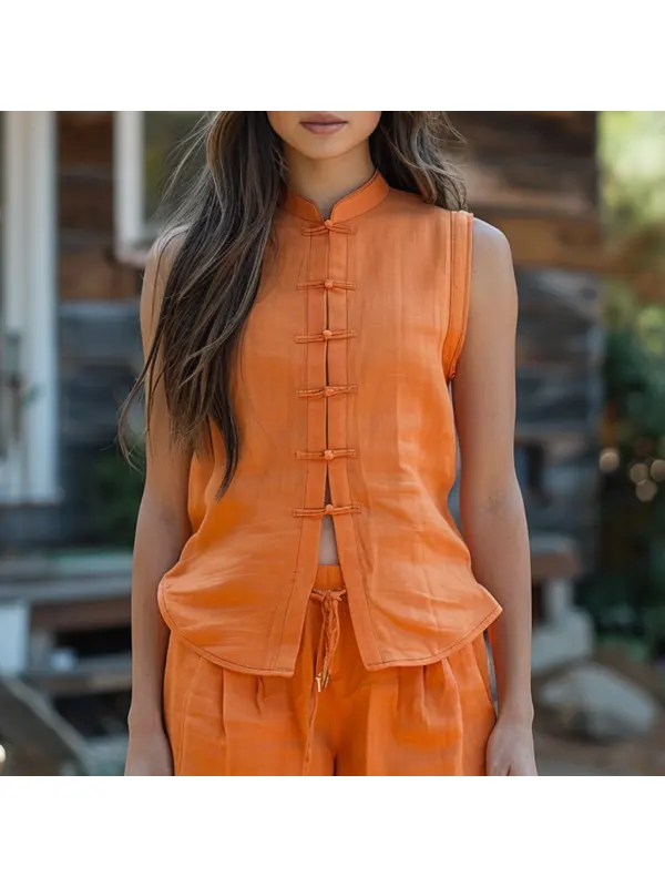 Retro Casual Linen Sleeveless Stand Collar Shirt T-shirt Chinese Style Sleeveless Shirt - Aptkoi.com 