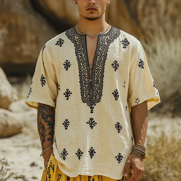 Men's Resort Bohemian Linen Casual Shirt Top - Spiretime.com 