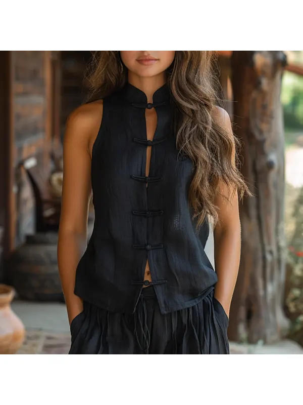 Retro Casual Linen Sleeveless Stand Collar Shirt T-shirt Chinese Style Sleeveless Shirt - Anrider.com 