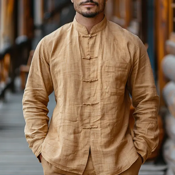 Retro Simple Loose Men's Casual Linen Shirt Chinese Style Stand Collar Shirt Cardigan Top - Yiyistories.com 