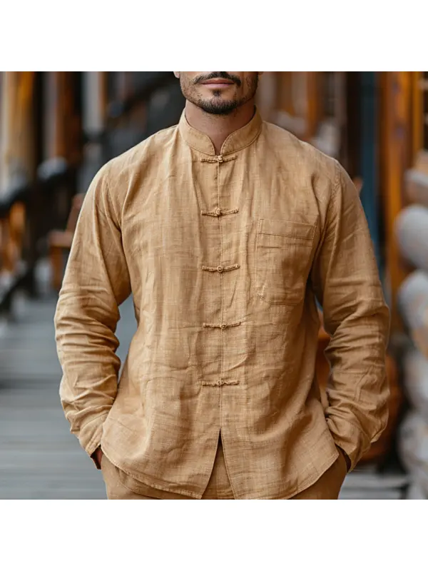 Retro Simple Loose Men's Casual Linen Shirt Chinese Style Stand Collar Shirt Cardigan Top - Timetomy.com 