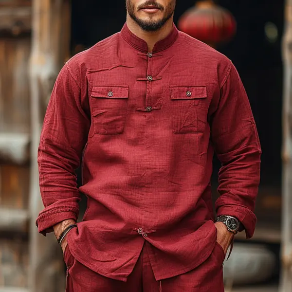 Retro Simple Loose Men's Casual Linen Shirt Chinese Style Stand Collar Shirt Cardigan Top - Trisunshine.com 