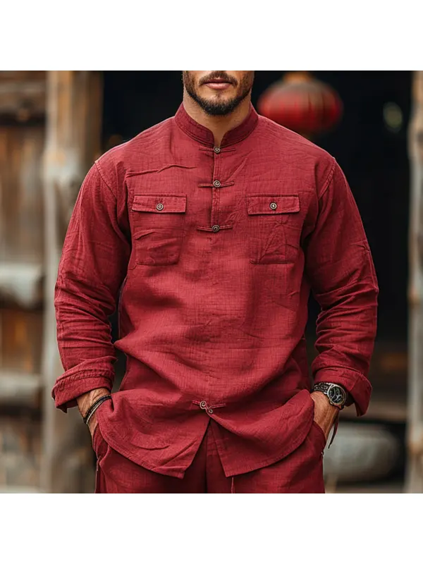 Retro Simple Loose Men's Casual Linen Shirt Chinese Style Stand Collar Shirt Cardigan Top - Ootdmw.com 