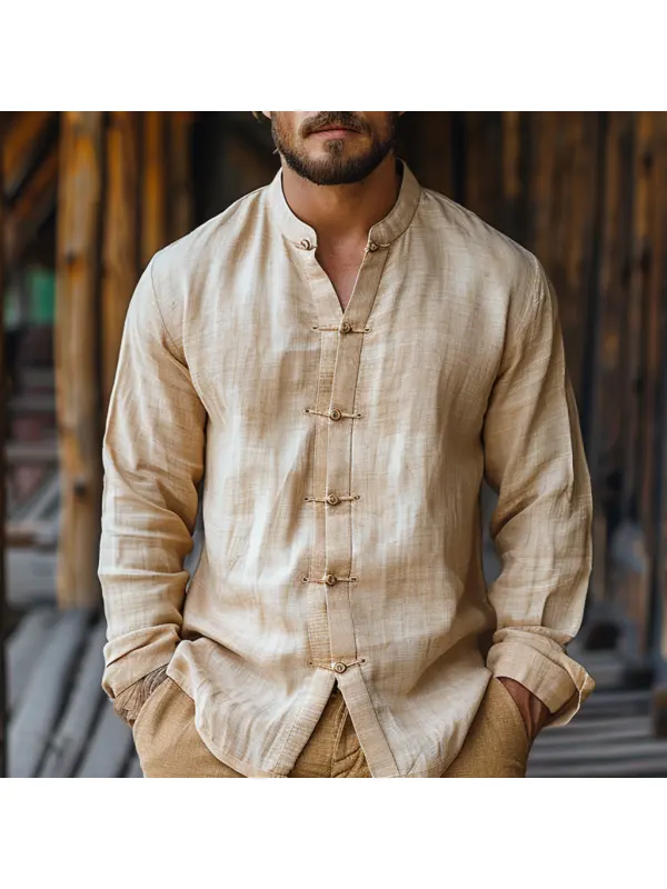 Retro Simple Loose Men's Casual Linen Shirt Chinese Style Stand Collar Shirt Cardigan Top - Ootdmw.com 