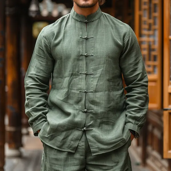 Retro Simple Loose Men's Casual Linen Shirt Chinese Style Stand Collar Shirt Cardigan Top - Yiyistories.com 