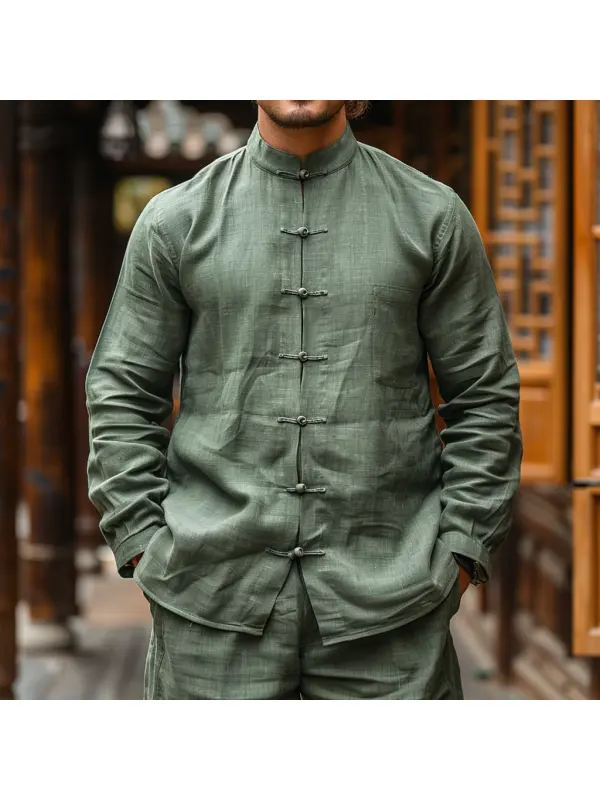 Retro Simple Loose Men's Casual Linen Shirt Chinese Style Stand Collar Shirt Cardigan Top - Timetomy.com 