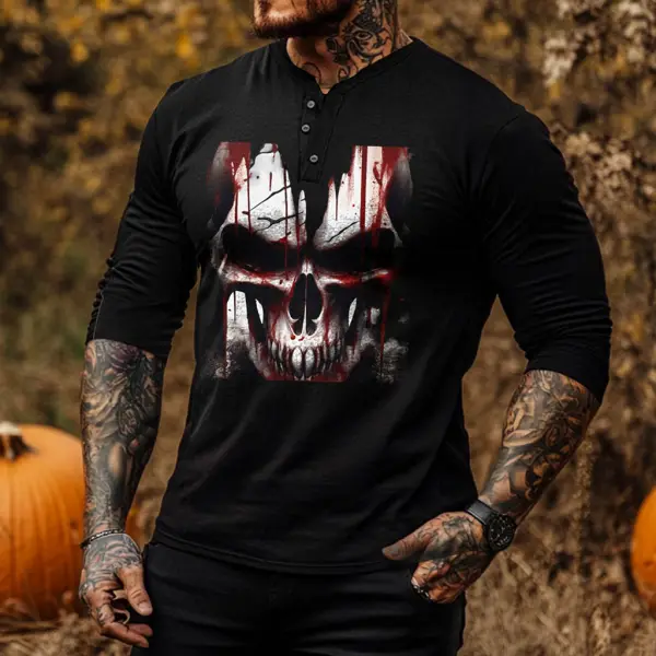 Men's Vintage Horror Skull Halloween Henley Long Sleeve T-Shirt - Wayrates.com 