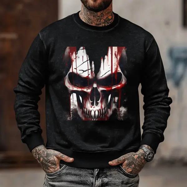 Men's Vintage Horror Skull Halloween Long Sleeve Crew Neck Sweatshirt - Wayrates.com 