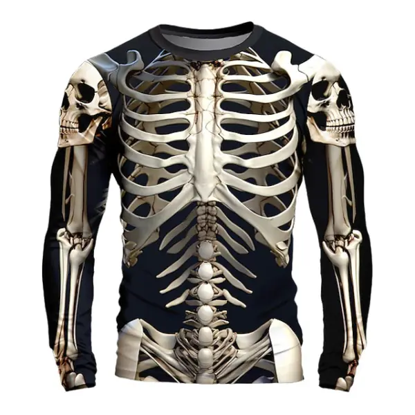 Men's Vintage Skull Skeleton Halloween Long Sleeve Casual Crew Neck T-shirt - Wayrates.com 