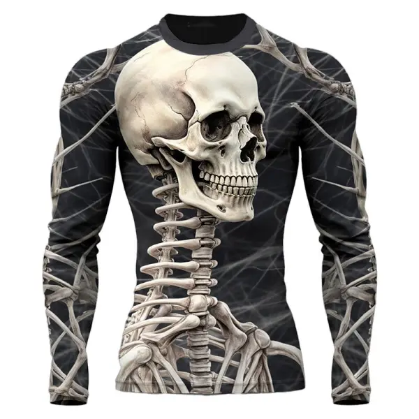 Men's Vintage Skull Skeleton Halloween Long Sleeve Casual Crew Neck T-shirt - Wayrates.com 