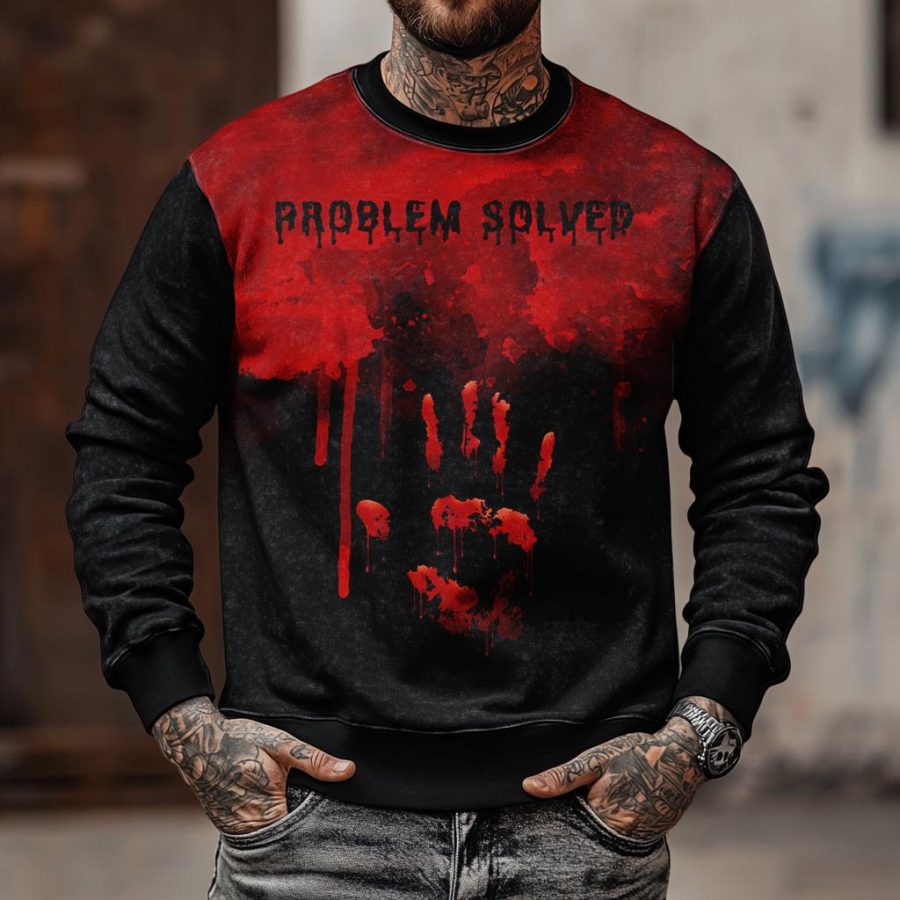 

Men's Vintage Problem Solved Bloody Hand Halloween Long Sleeve Crew Neck Sweatshirt