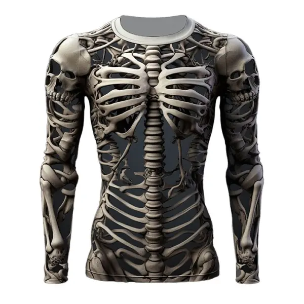 Men's Vintage Skull Skeleton Halloween Long Sleeve Casual Crew Neck T-shirt - Wayrates.com 