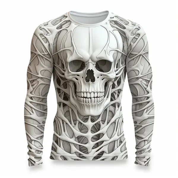 Men's Vintage Skull Skeleton Halloween Long Sleeve Casual Crew Neck T-shirt - Wayrates.com 
